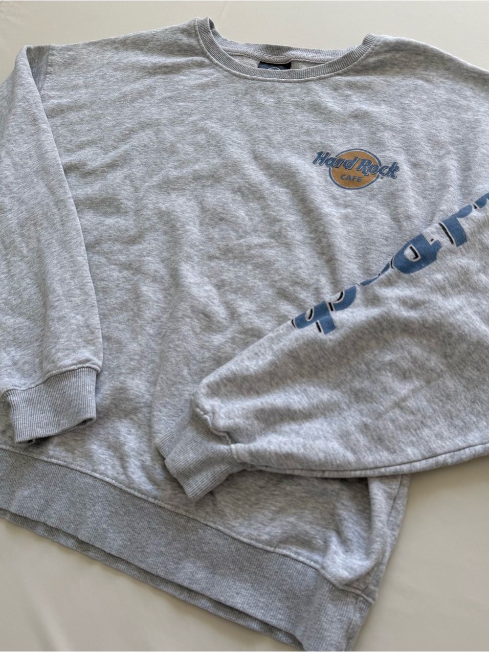 Hard Rock Cafe Gray Crewneck Sweatshirt with Blue and Tan Logo